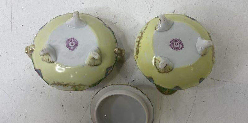 Hand Painted Floral Design Footed Green Pink Porcelain Sugar Bowl & Creamer
