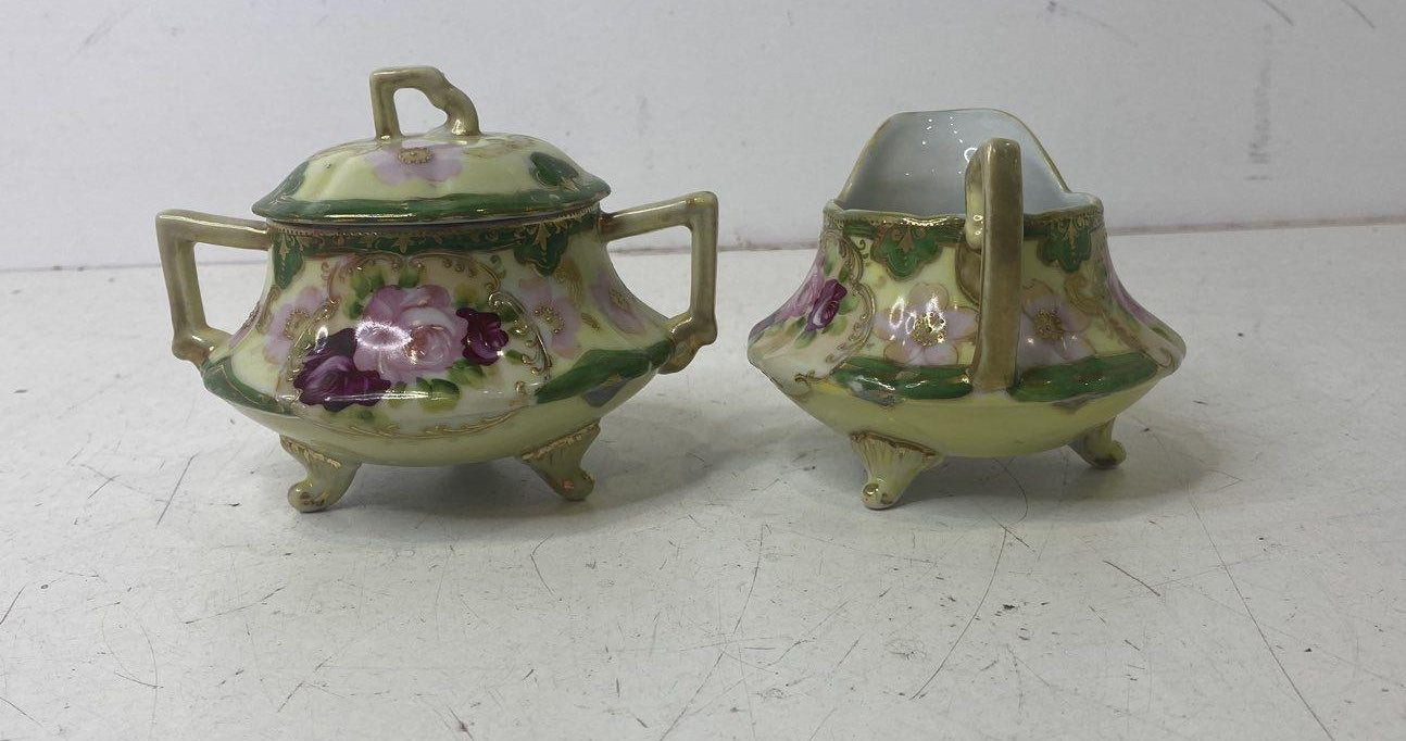 Hand Painted Floral Design Footed Green Pink Porcelain Sugar Bowl & Creamer