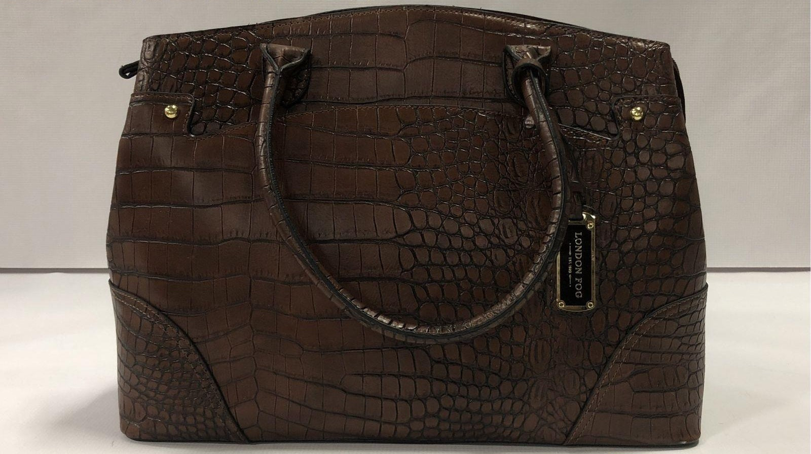 London Fog Mahogany Croc Embossed Satchel Bag, Brown Faux Leather Structured Handbag
