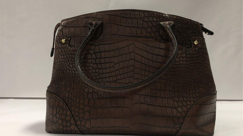 London Fog Mahogany Croc Embossed Satchel Bag, Brown Faux Leather Structured Handbag