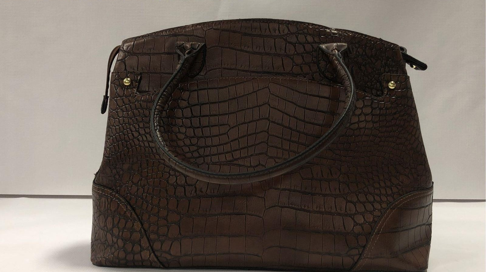 London Fog Mahogany Croc Embossed Satchel Bag, Brown Faux Leather Structured Handbag