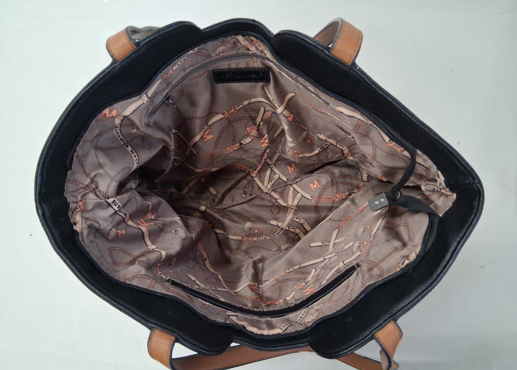 Montana West Black Faux Leather Tote Handbag with Brown Accents