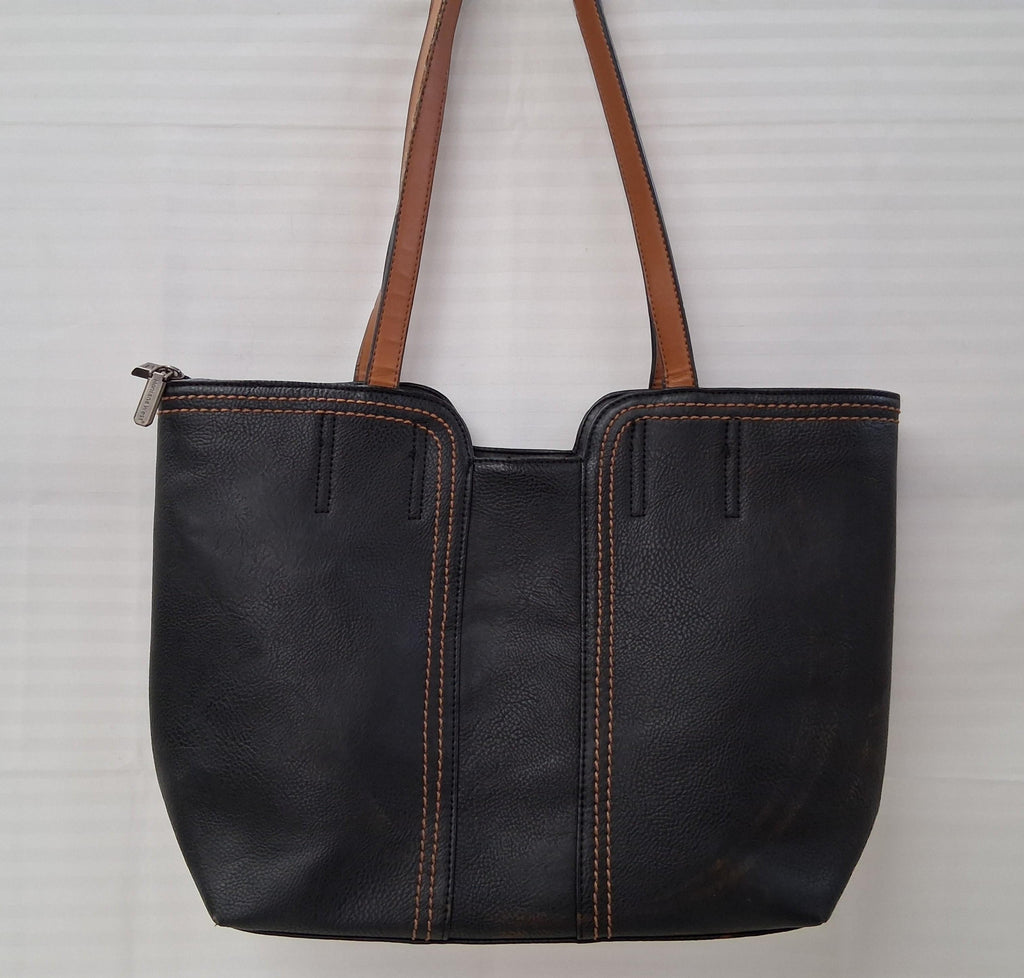 Montana West Black Faux Leather Tote Handbag with Brown Accents