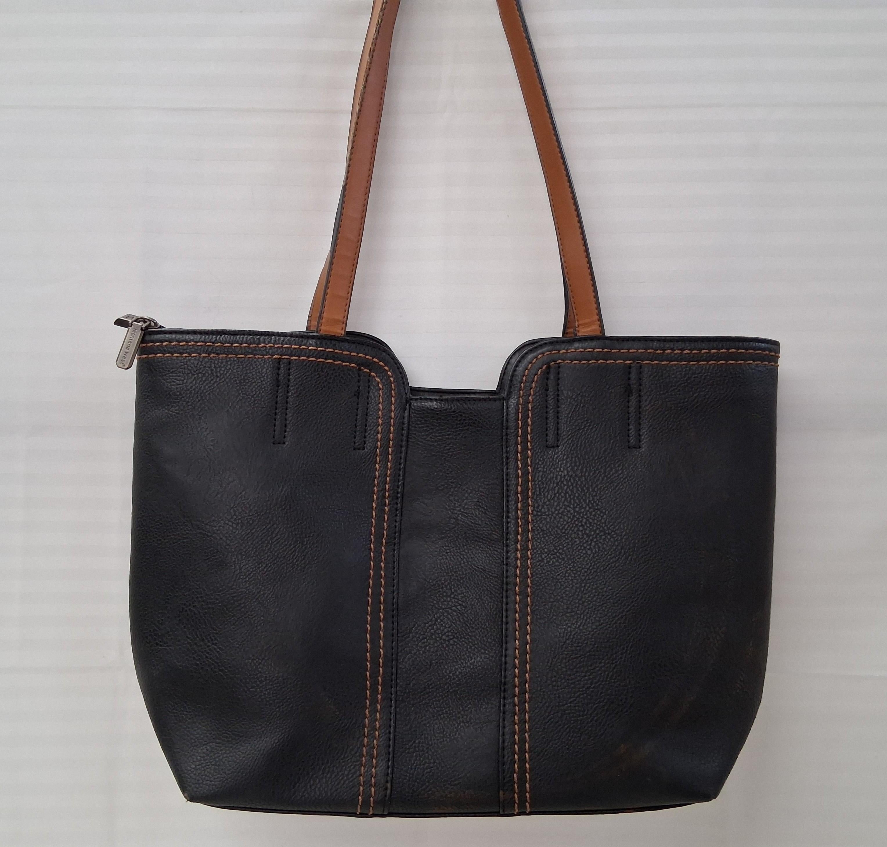 Montana West Black Faux Leather Tote Handbag with Brown Accents