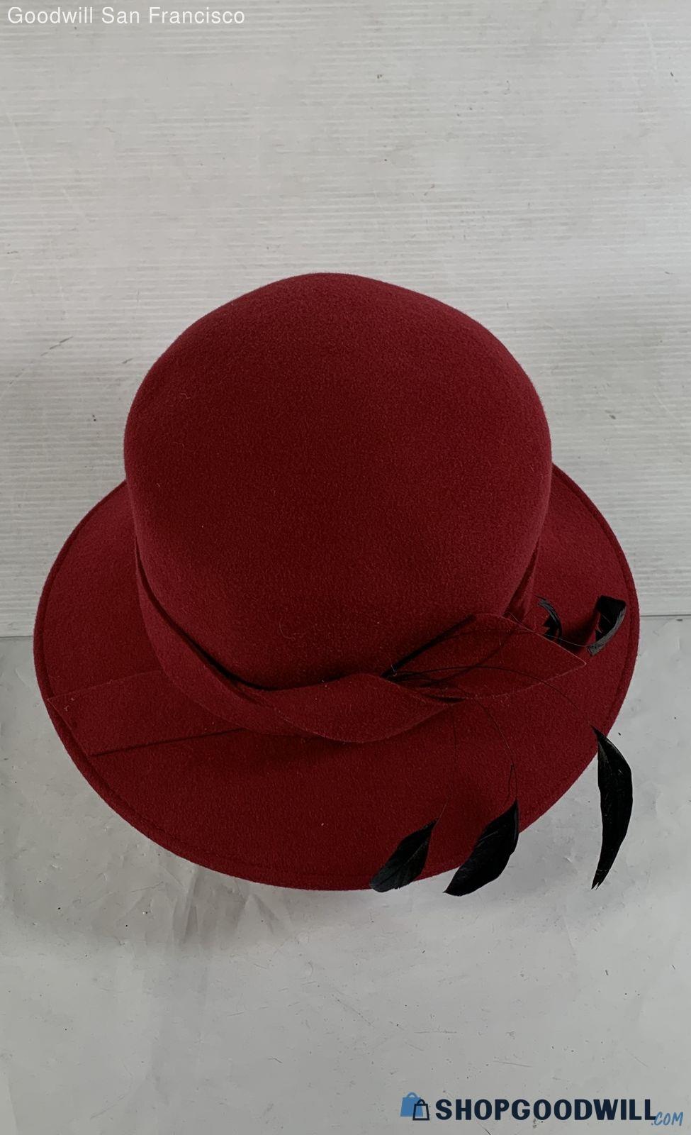 Red Wool Felt Cloche Hat with Black Feather & Ribbon Trim, Classic Women’s Dress Hat