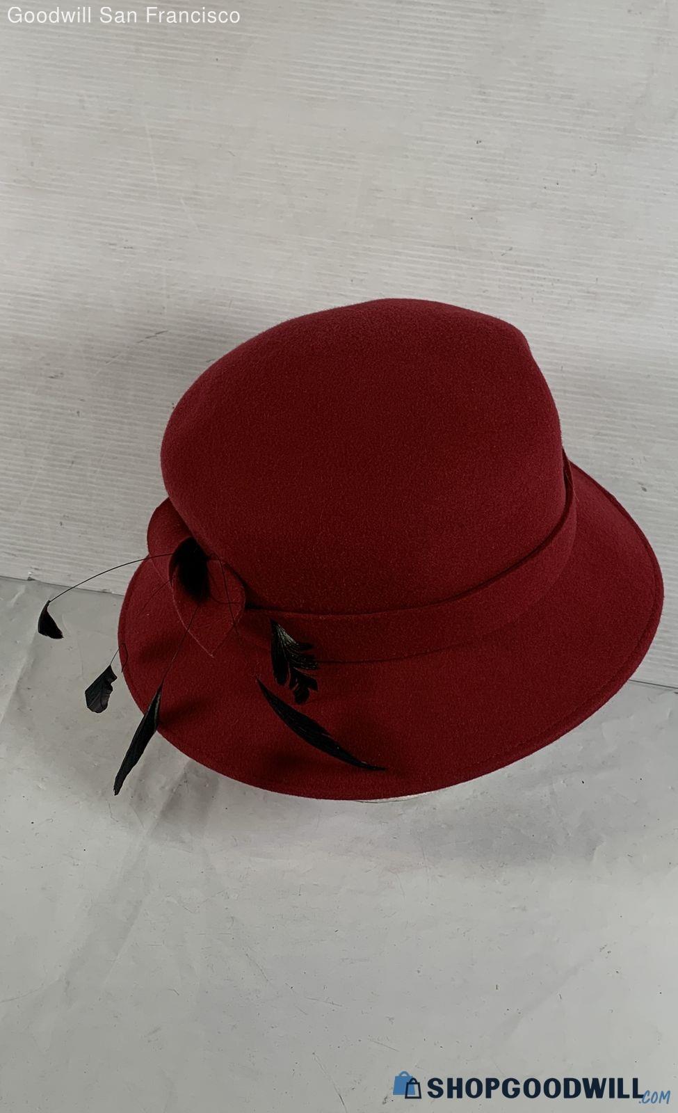Red Wool Felt Cloche Hat with Black Feather & Ribbon Trim, Classic Women’s Dress Hat