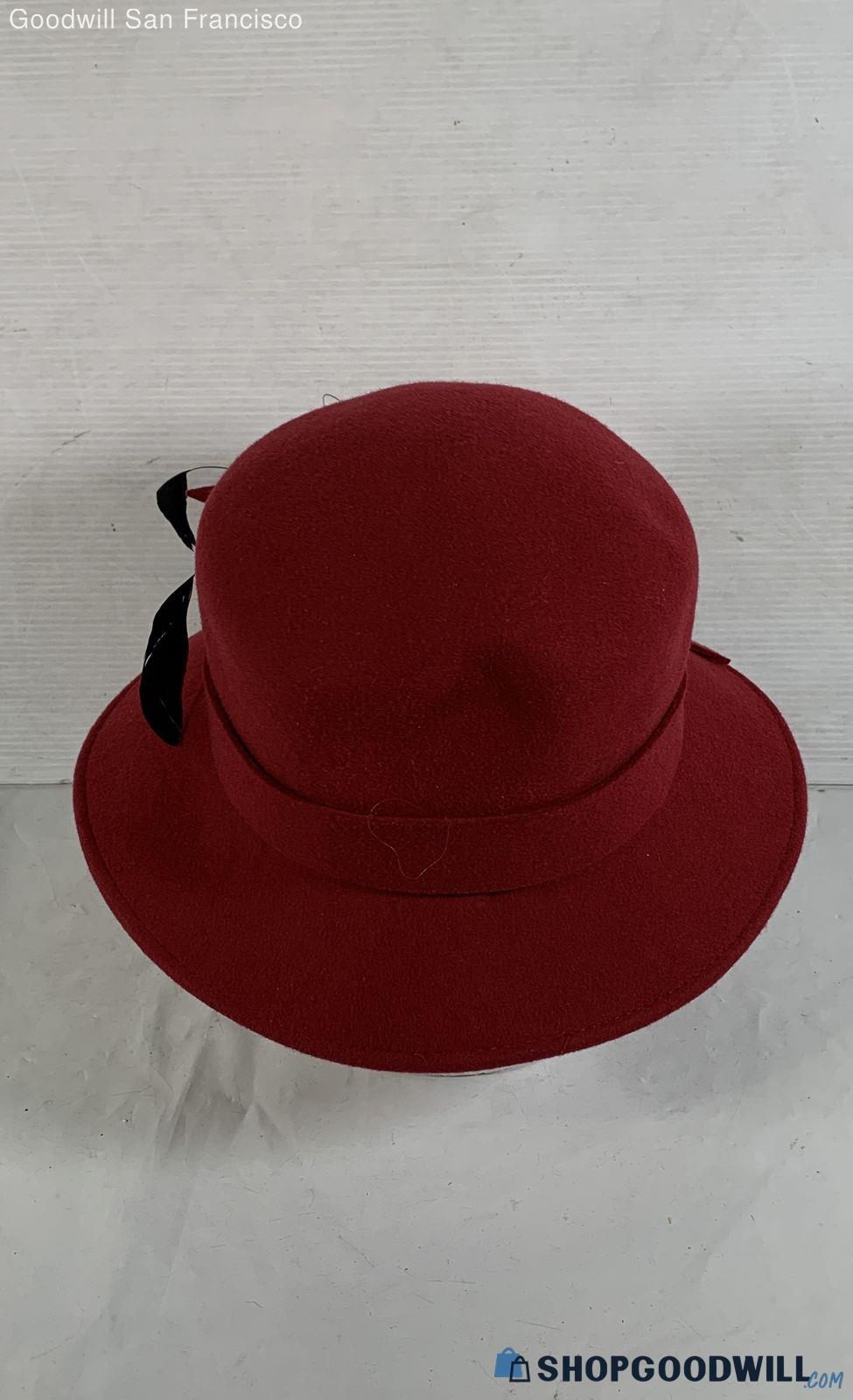 Red Wool Felt Cloche Hat with Black Feather & Ribbon Trim, Classic Women’s Dress Hat