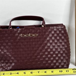 bebe Yara Burgundy Woven Satchel Bag, Small Structured Top Handle Handbag  Description
