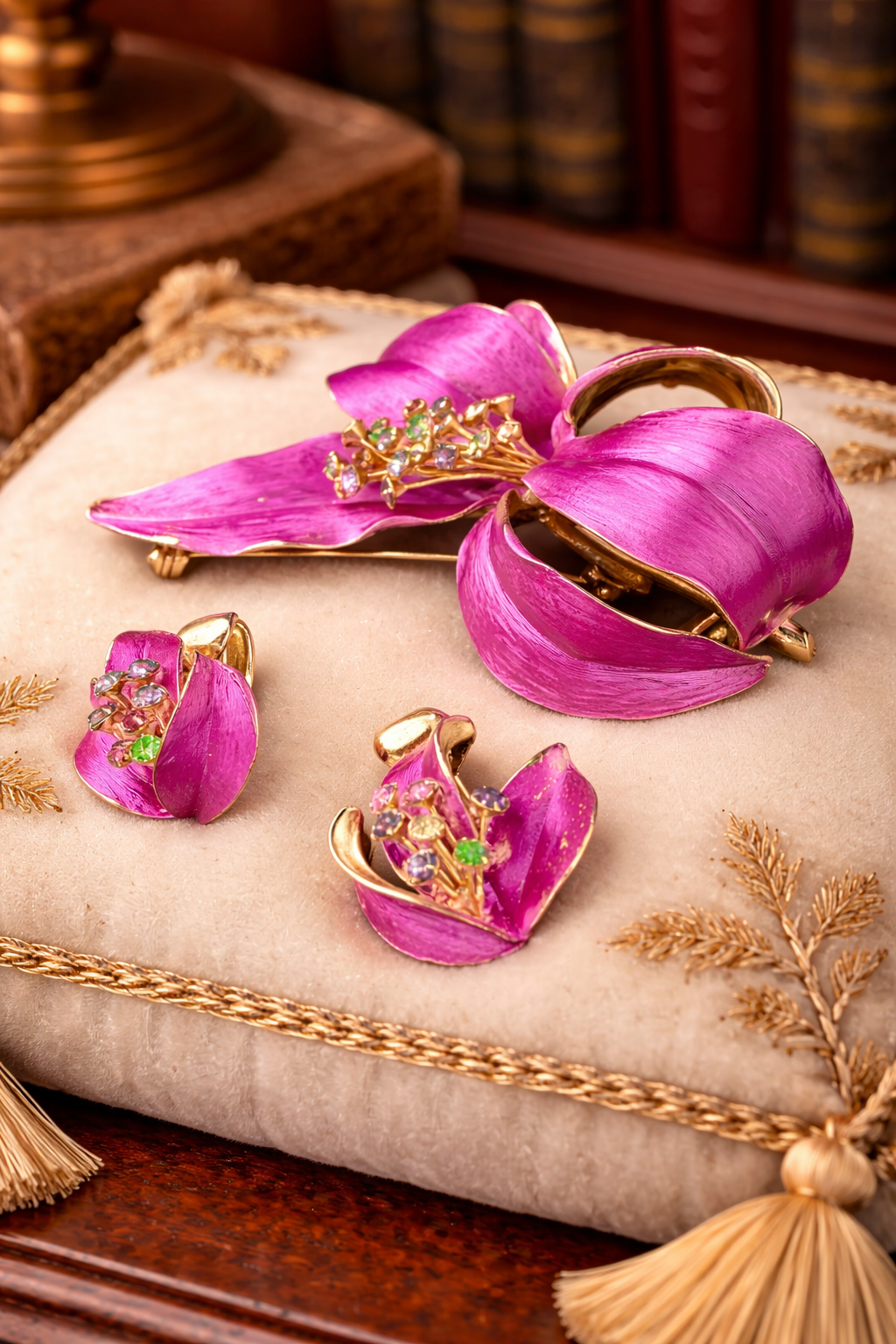 Vintage Pink Enamel Flower Brooch & Clip Earrings Set Rhinestone Gold Tone Mid Century Statement