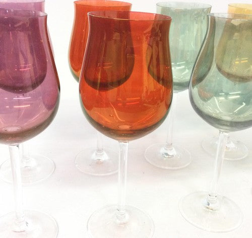 Set of 8 Multi-Color Wine Glasses Clear Stem 8.5 Inch Tall Green Orange Purple Red