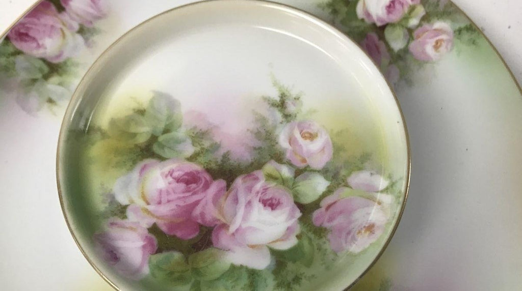 Schwarzburg Germany Pink Rose Covered Butter Dish with Green Band | Hand-Painted Floral Porcelain