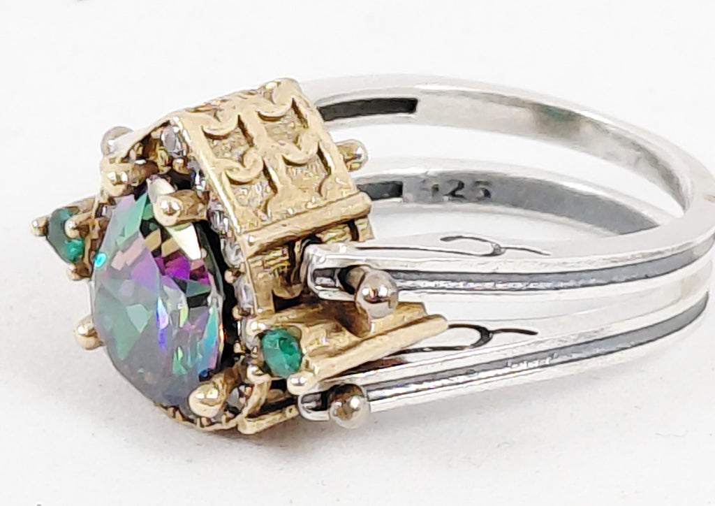 925 Silver Chrysoprase & Mystic CZ Reversible Cocktail Ring Size 7.5 (Missing 1 stone)
