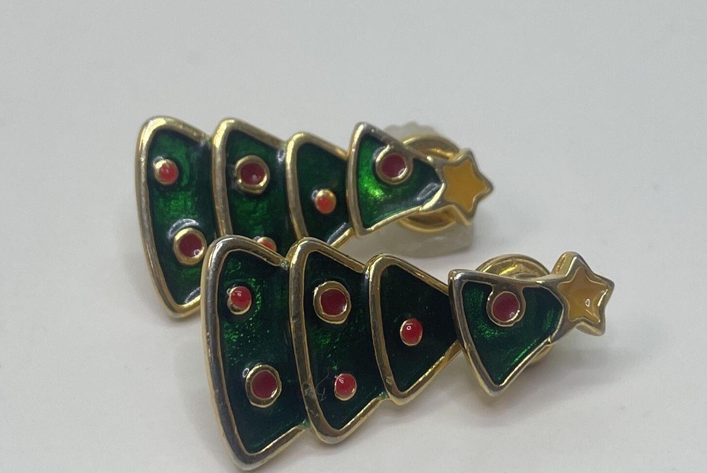 Gold Tone Green & Red Enamel Dangle Christmas Tree Earrings