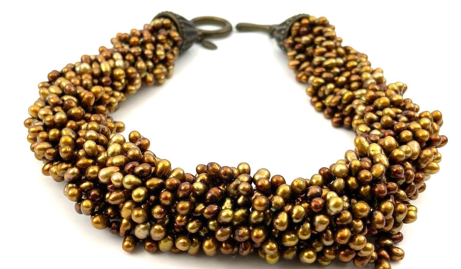 Vintage Gold Tone Faux Pearl Cluster Statement Necklace | Multi-Strand Bib Collar Necklace