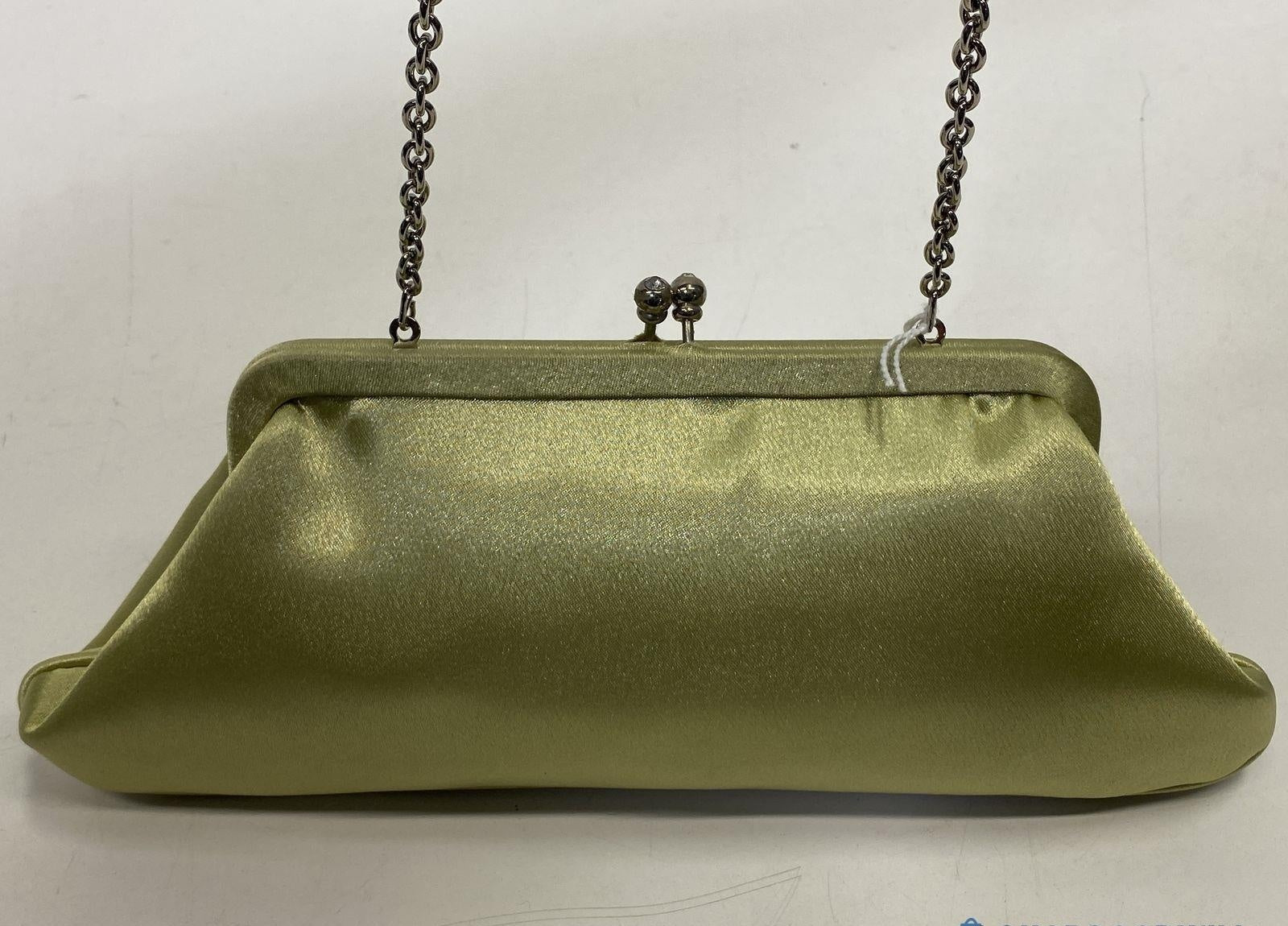 (SOLD) Mariell Green Satin Beaded Floral Design Kiss Lock Chain Strap Evening Bag