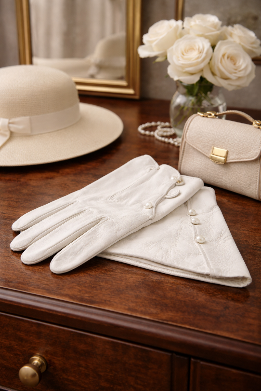 Vintage white leather ladies gloves soft dress gloves