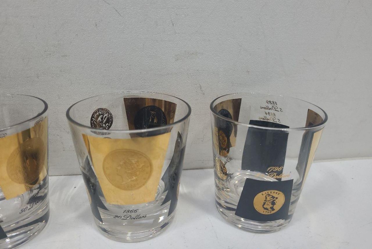 1960s Set of 6 Coin Barware Glasses with Gold & Black Designs