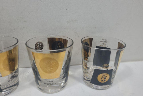 1960s Set of 6 Coin Barware Glasses with Gold & Black Designs
