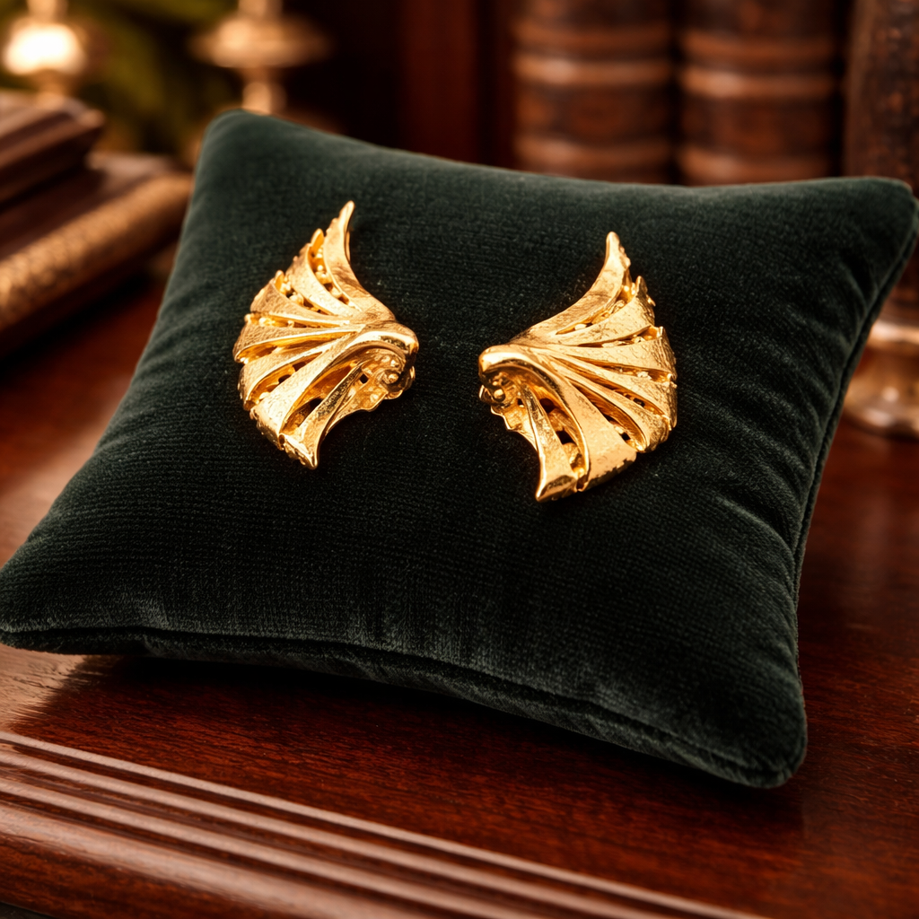 Gold Tone Wing Clip Earrings Sculptural Feather Design Vintage Statement Jewelry Unsigned