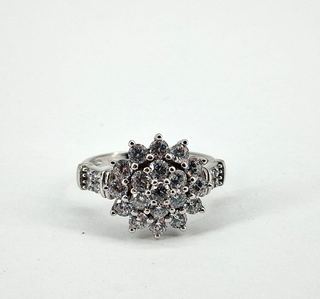 D'Joy Sterling Silver Cluster Ring with Clear Glass Stones Size 6.5