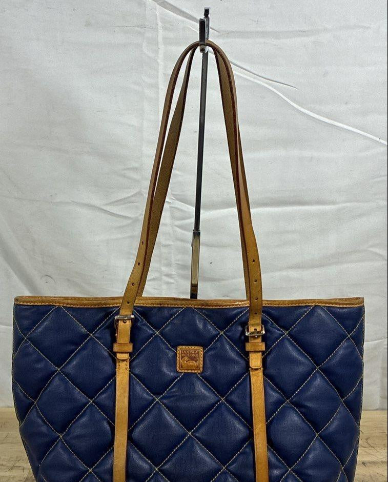 Dooney & Bourke Navy Blue Quilted Nylon Tote Bag Tan Leather Trim