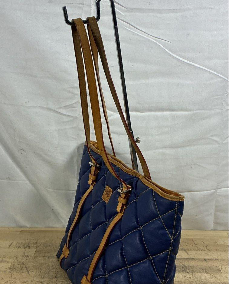 Dooney & Bourke Navy Blue Quilted Nylon Tote Bag Tan Leather Trim