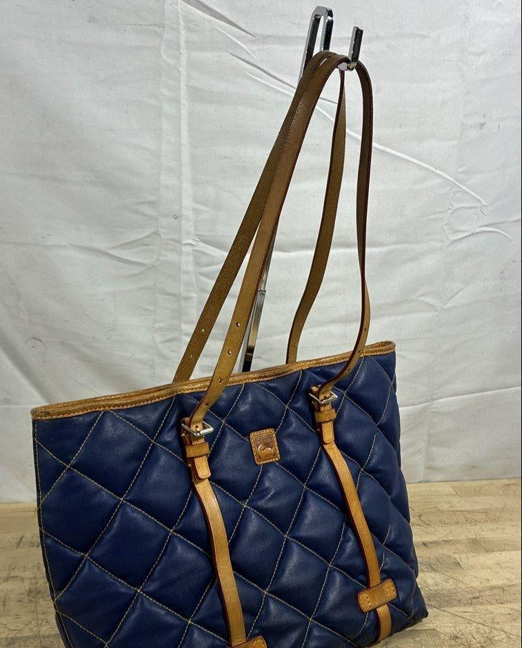 Dooney & Bourke Navy Blue Quilted Nylon Tote Bag Tan Leather Trim