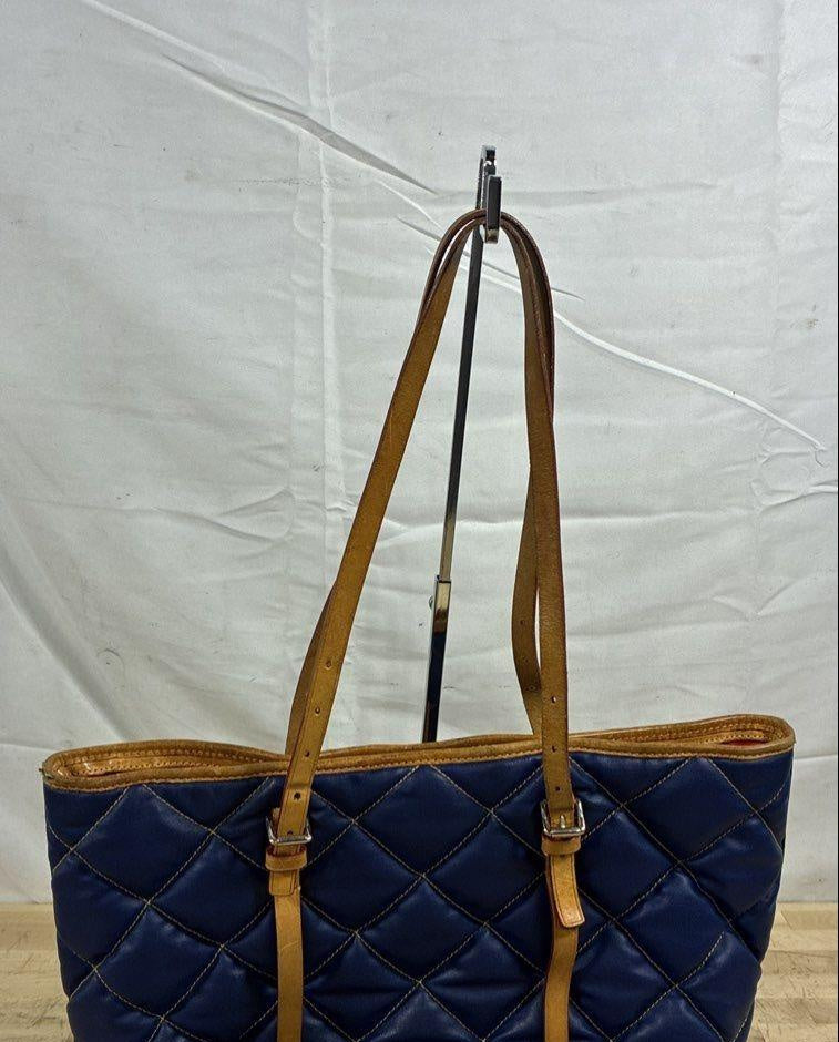 Dooney & Bourke Navy Blue Quilted Nylon Tote Bag Tan Leather Trim