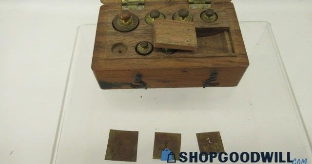 Antique Apothecary Jeweler’s Brass Balance Scale Weights with Wood Box | Partial Weight Set