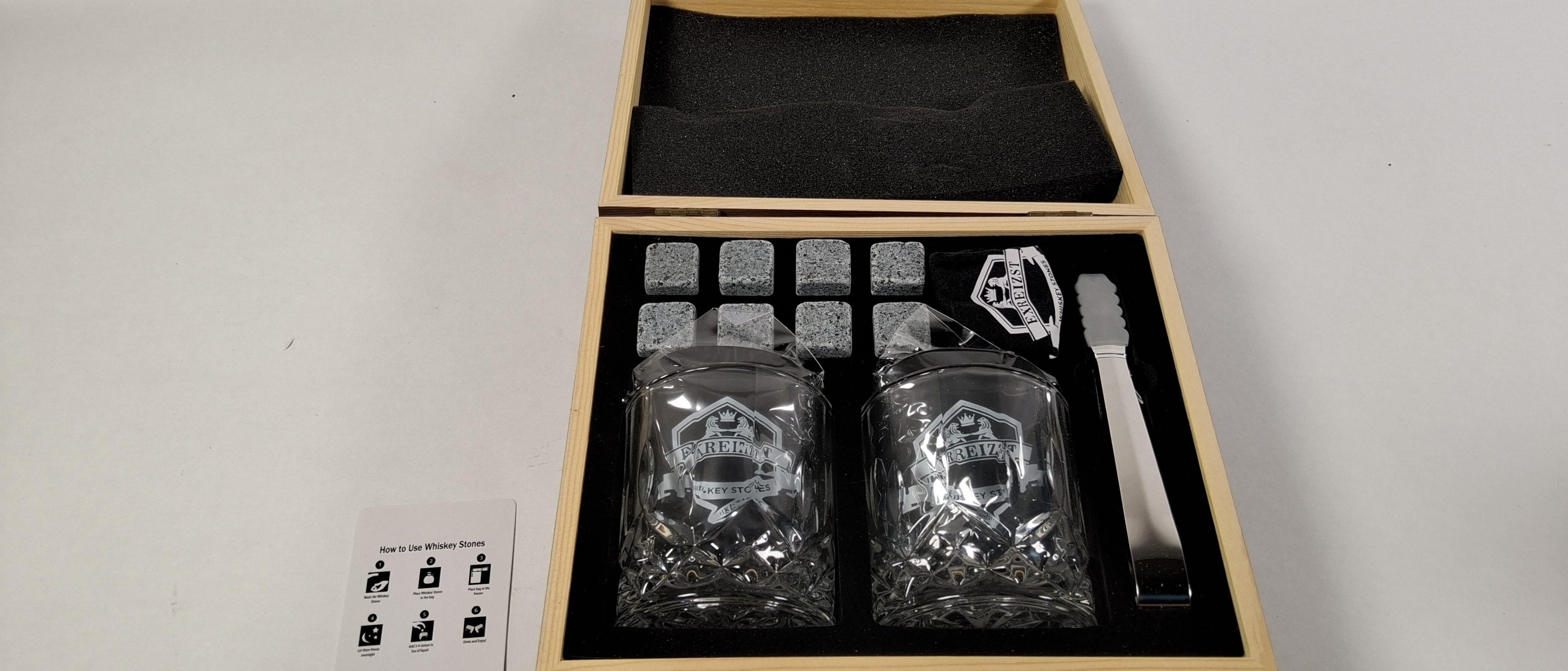 Whiskey Stones Bar Kit with Glasses in Wood Gift Box