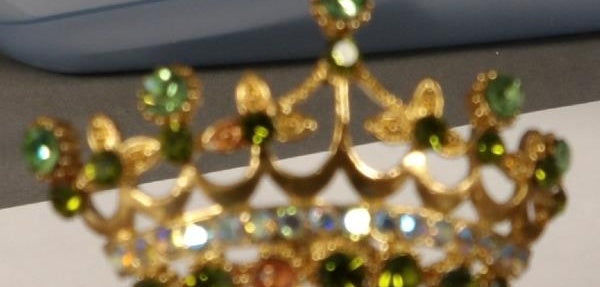 Gold Tone Crown with Green and White Rhinestone Bun Pick