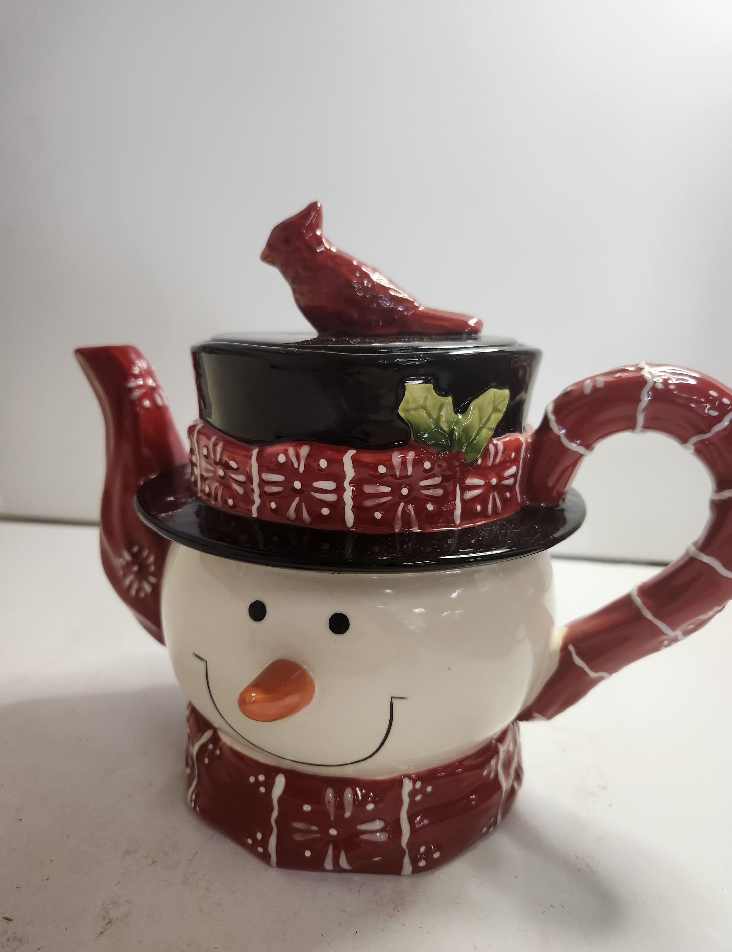 Pacific Rim Handpainted Snowman Teapot with Cardinal Lid | Christmas Winter Ceramic Tea Pot