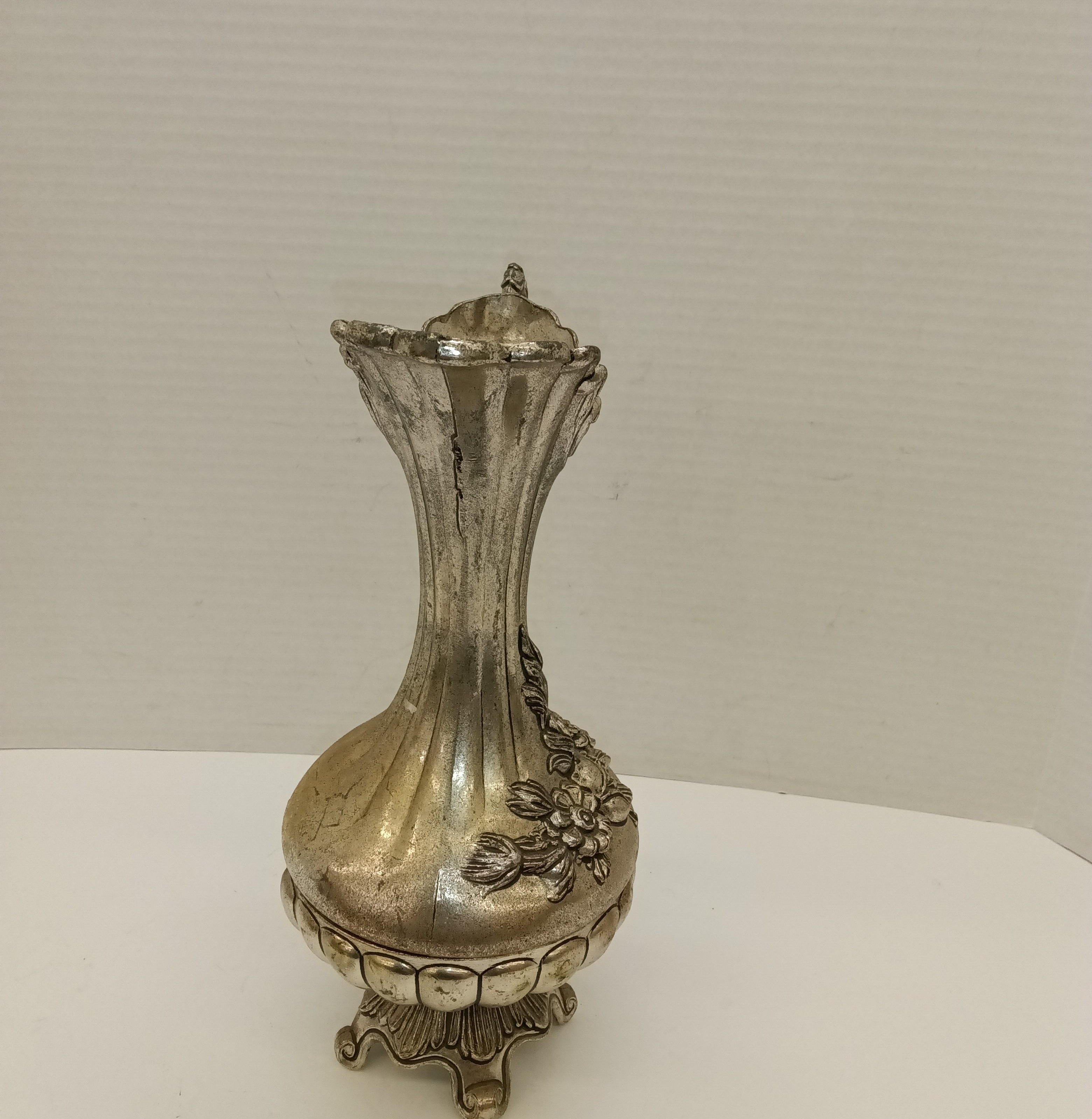 Silver-Tone Ornate Decorative Pitcher with Floral Design - Missing glass insert