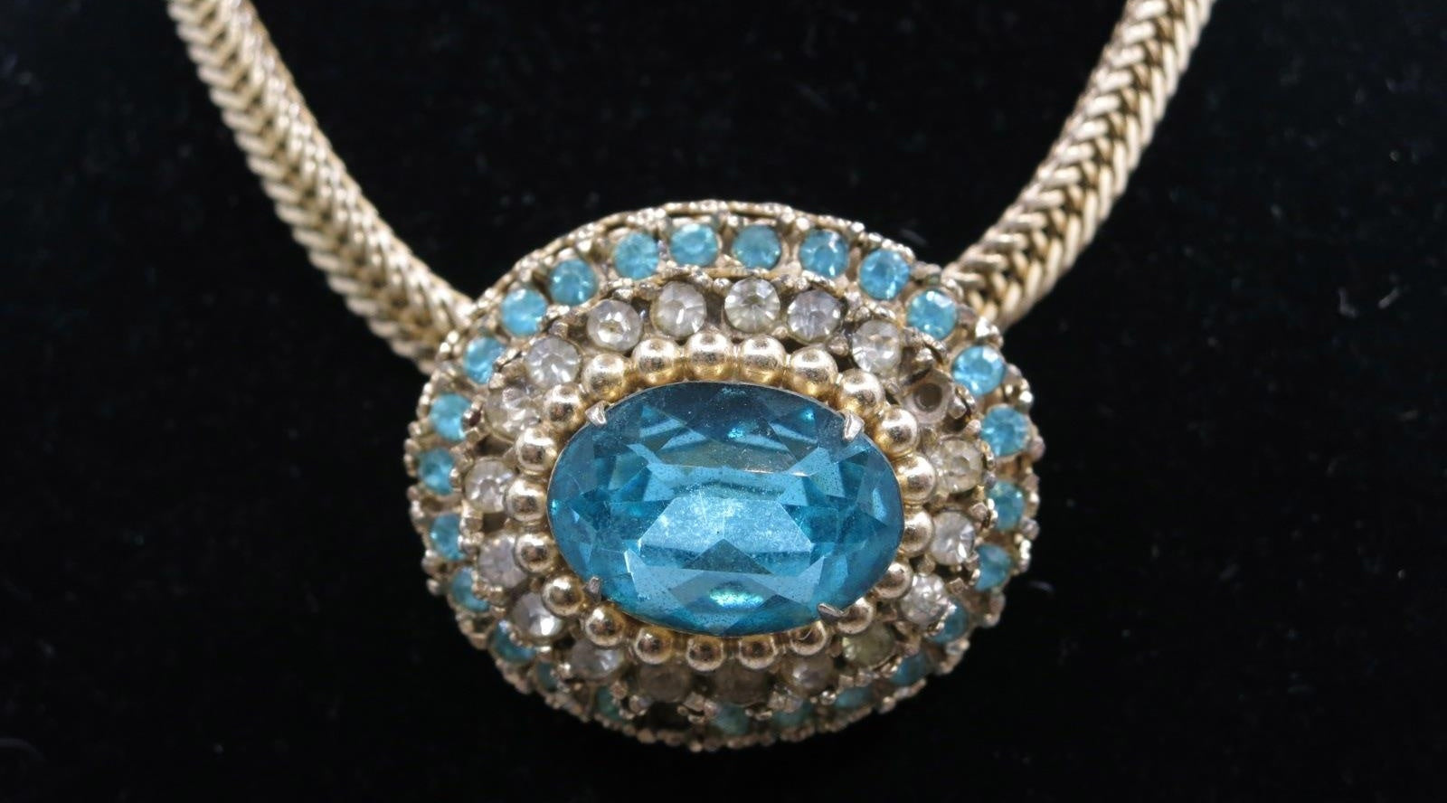 Vintage Coro Blue and White Rhinestone Choker Necklace | 13" Gold Tone Signed Necklace (MISSING STONES)
