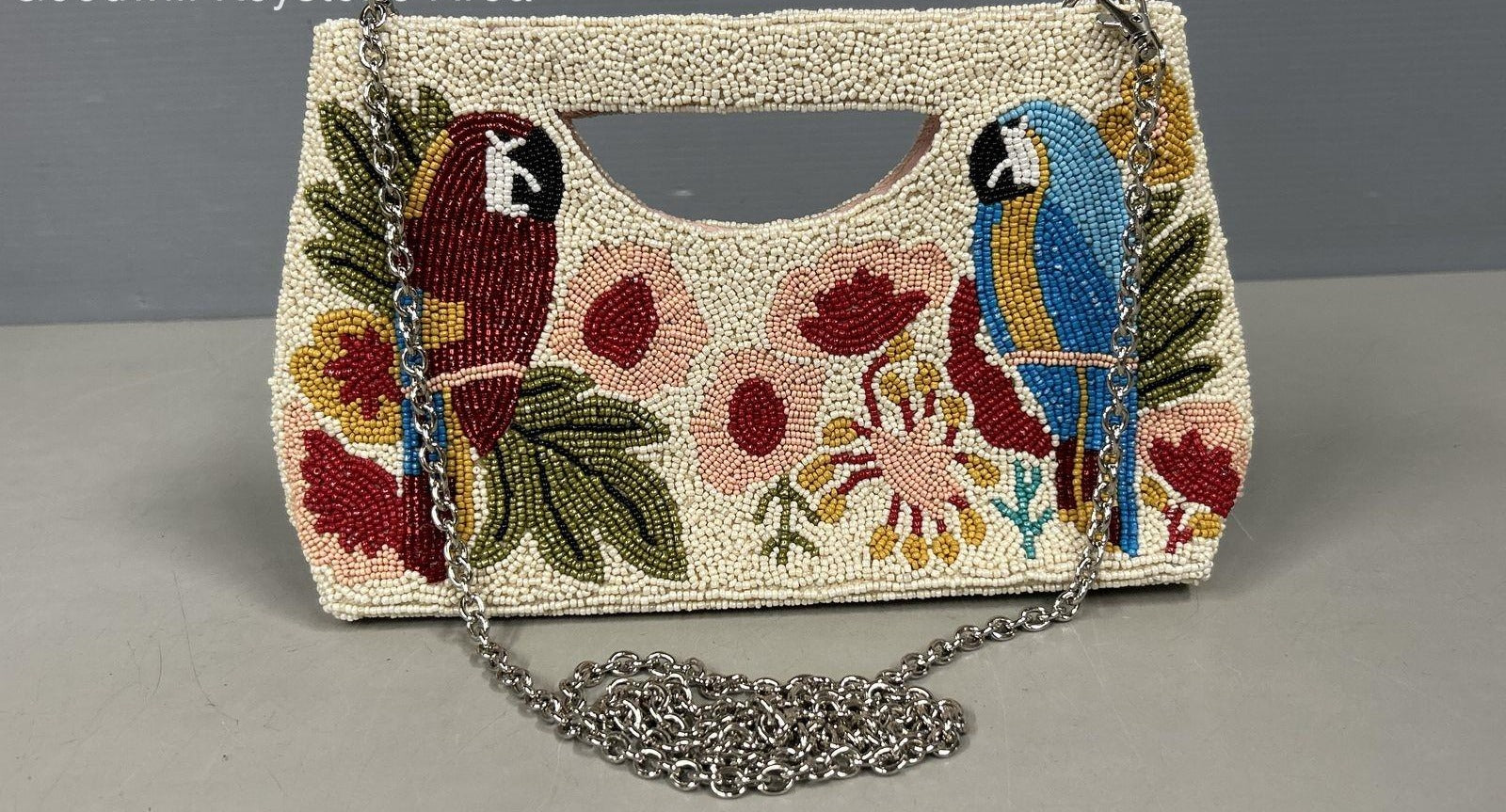 America & Beyond White Beaded Parrot Macaw Tropical Floral Satchel Handbag Chain