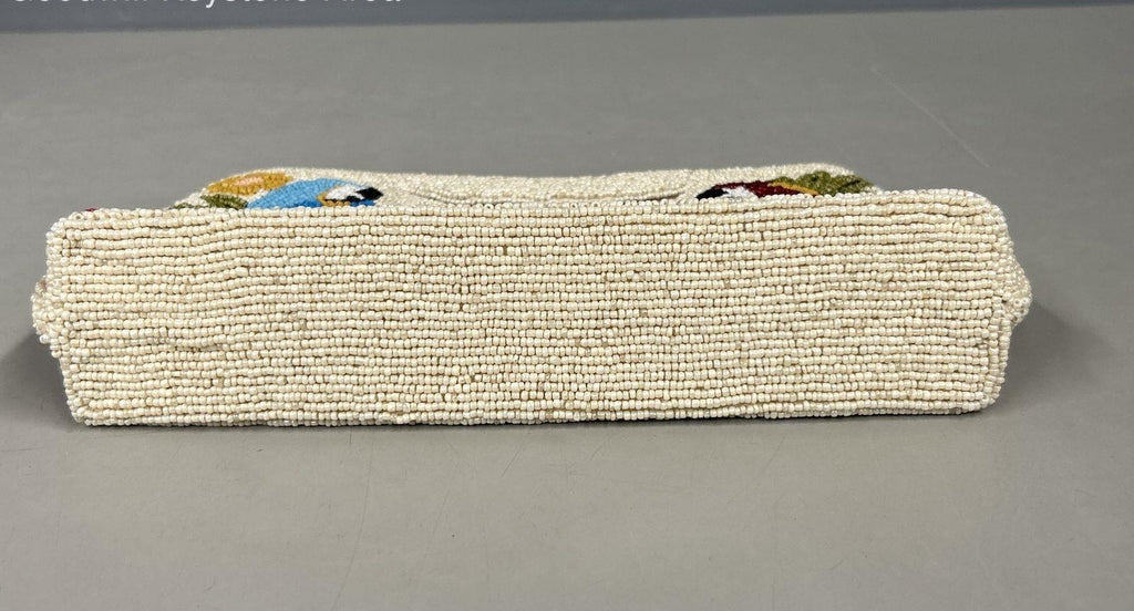 America & Beyond White Beaded Parrot Macaw Tropical Floral Satchel Handbag Chain