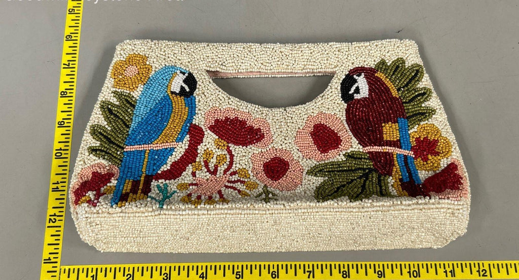 America & Beyond White Beaded Parrot Macaw Tropical Floral Satchel Handbag Chain