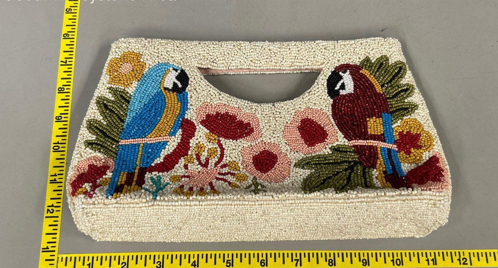 America & Beyond White Beaded Parrot Macaw Tropical Floral Satchel Handbag Chain