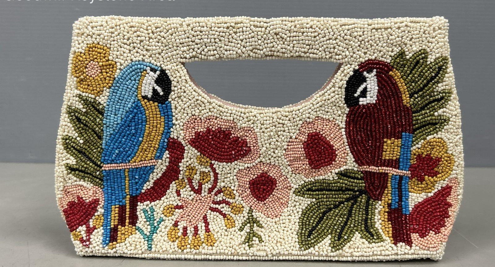 America & Beyond White Beaded Parrot Macaw Tropical Floral Satchel Handbag Chain