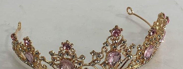 Gold Tone Tiara with Pink and Clear Crystal Rhinestones