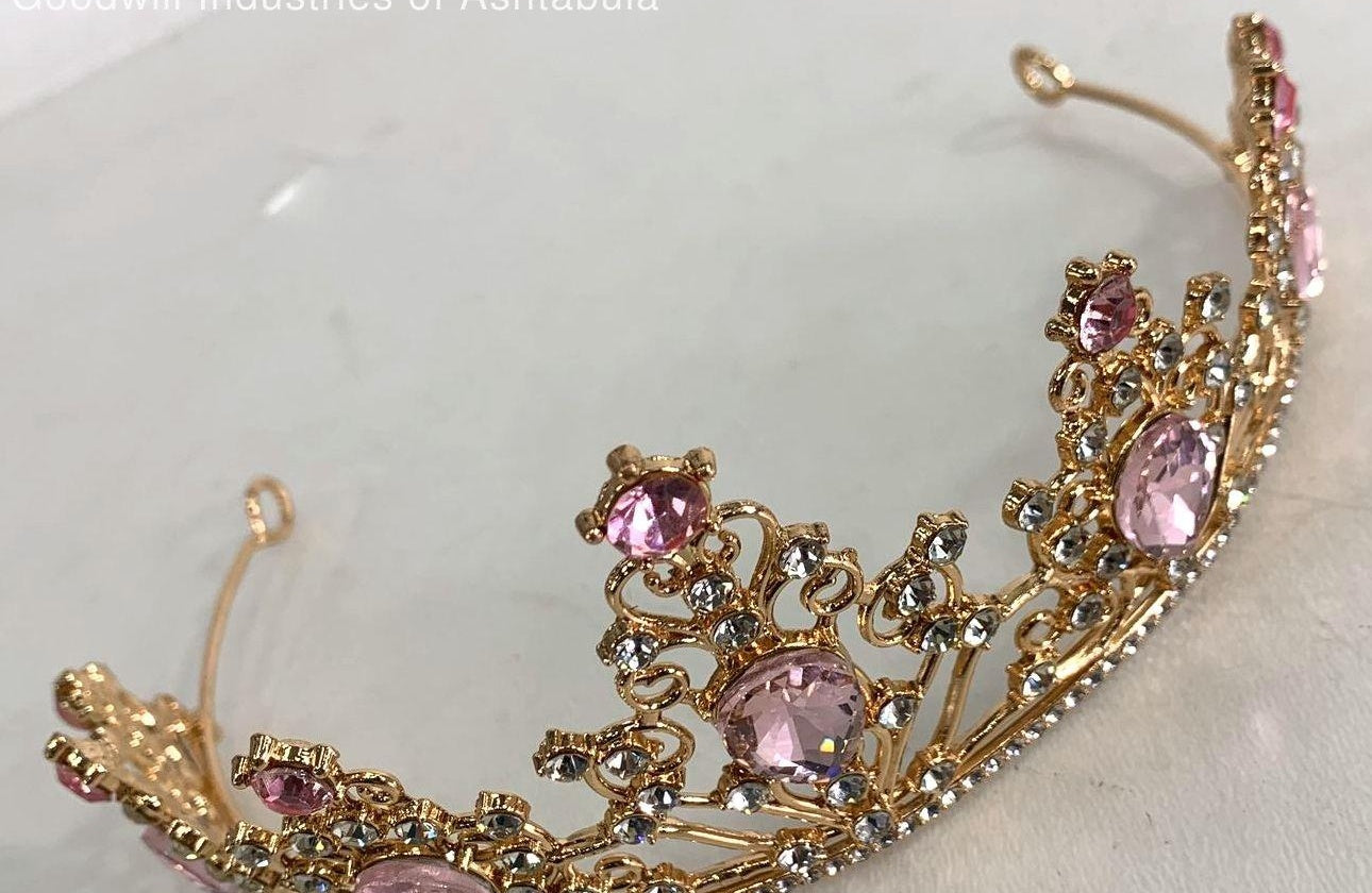 Gold Tone Tiara with Pink and Clear Crystal Rhinestones