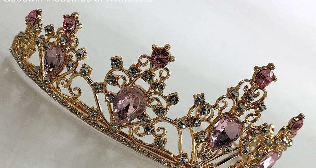 Gold Tone Tiara with Pink and Clear Crystal Rhinestones