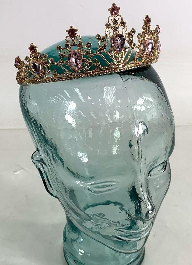 Gold Tone Tiara with Pink and Clear Crystal Rhinestones