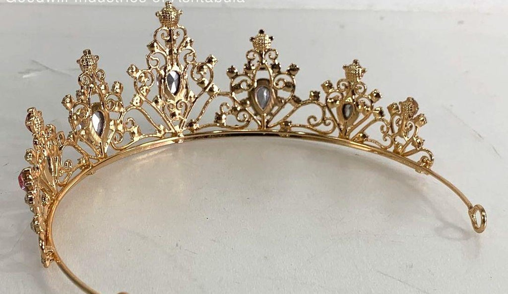 Gold Tone Tiara with Pink and Clear Crystal Rhinestones