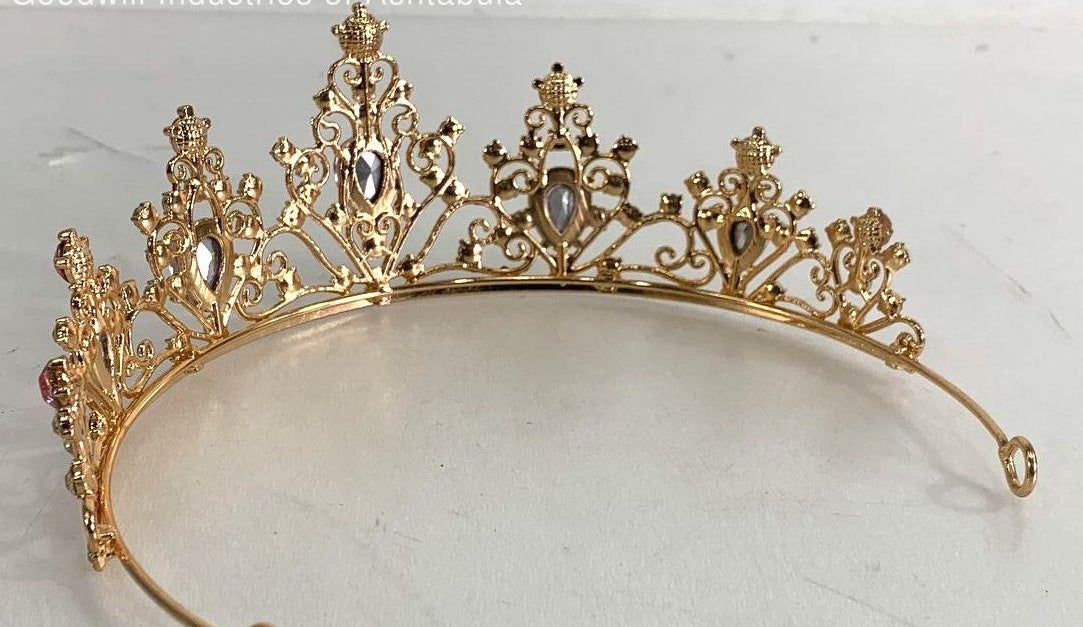 Gold Tone Tiara with Pink and Clear Crystal Rhinestones