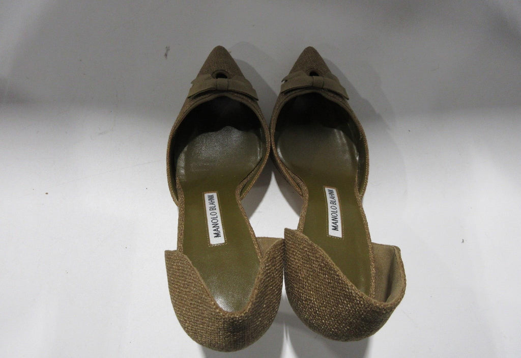 Manolo Blahnik Pointed Toe Slingback Heels Size 38.5, Olive Satin Designer Pumps