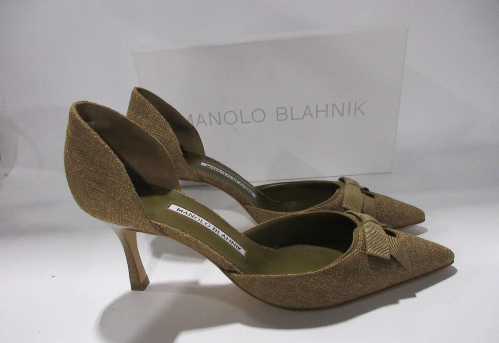 Manolo Blahnik Pointed Toe Slingback Heels Size 38.5, Olive Satin Designer Pumps