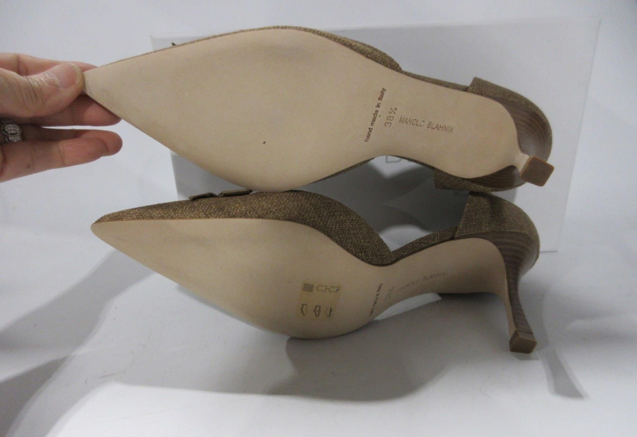 Manolo Blahnik Pointed Toe Slingback Heels Size 38.5, Olive Satin Designer Pumps