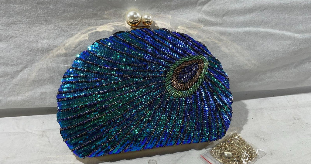 Peacock Beaded Clamshell Evening Bag with Chain Strap, Blue Green Sequined Crossbody Purse