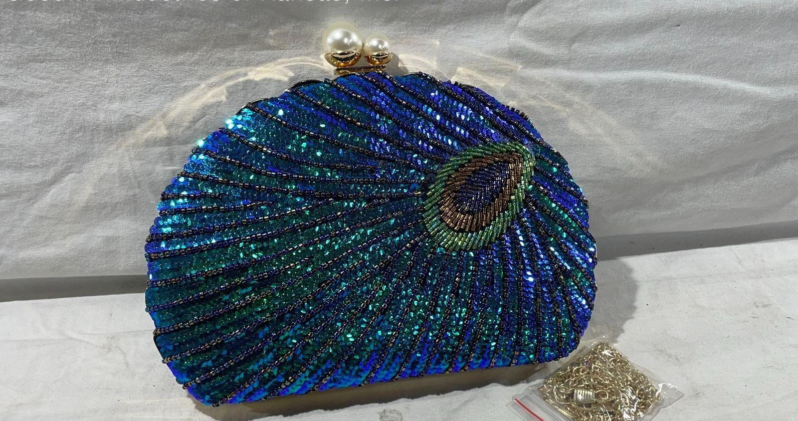 Peacock Beaded Clamshell Evening Bag with Chain Strap, Blue Green Sequined Crossbody Purse